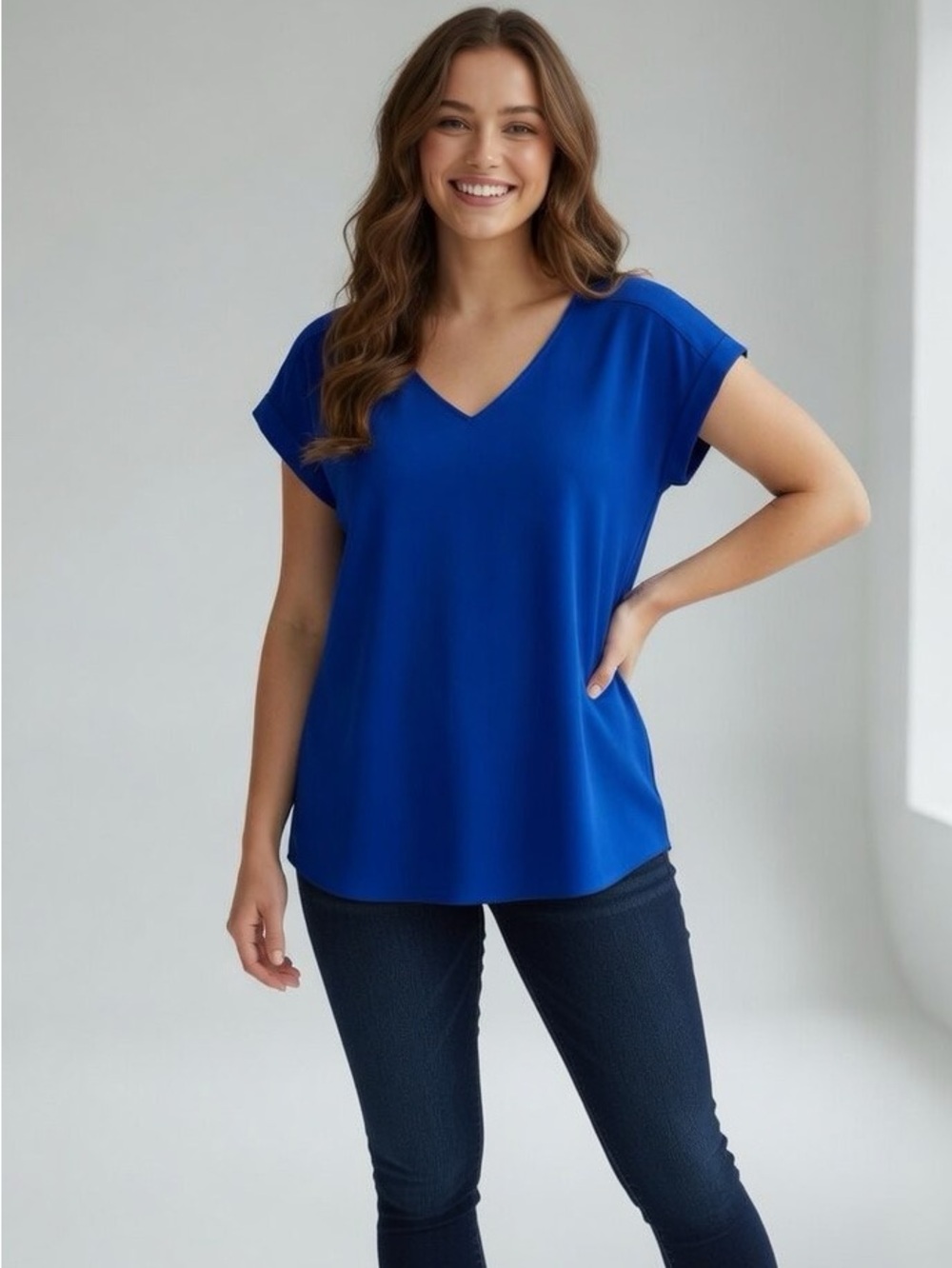 Express Royal Blue V-Neck Cap Sleeve Top Blouse - Picture 2 of 11